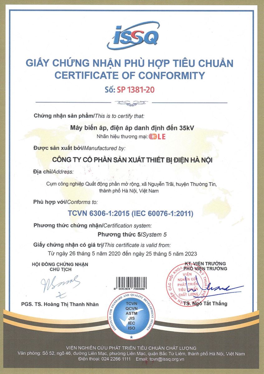 Toàn bộ máy biến áp LE đều đạt tiêu chuẩn IEC 60076-1:2011.