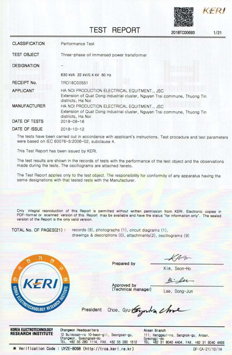 MÁy biến áp LE là đơn vị duy nhất được KERI chứng nhận máy biến áp 400 kVA đạt tiêu chuẩn thử nghiệm ngắn mạch.