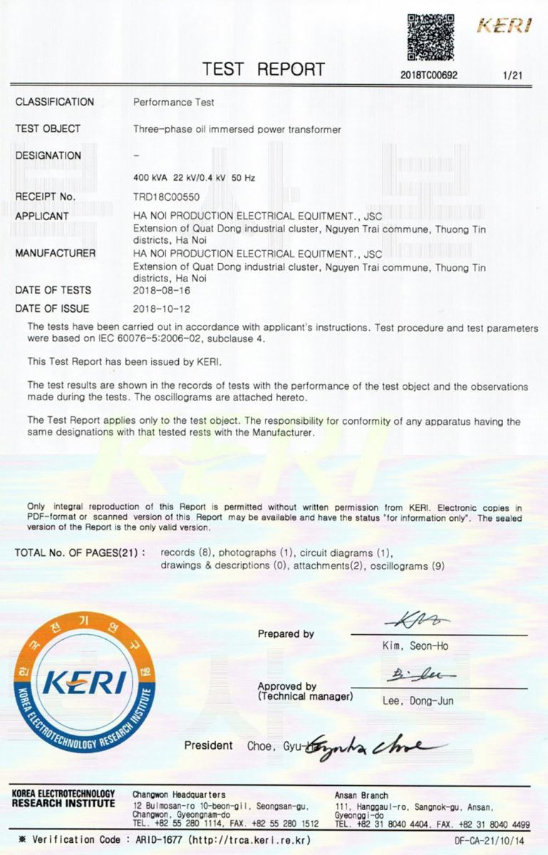MÁy biến áp LE là đơn vị duy nhất được KERI chứng nhận máy biến áp 630 kVA đạt tiêu chuẩn thử nghiệm ngắn mạch.