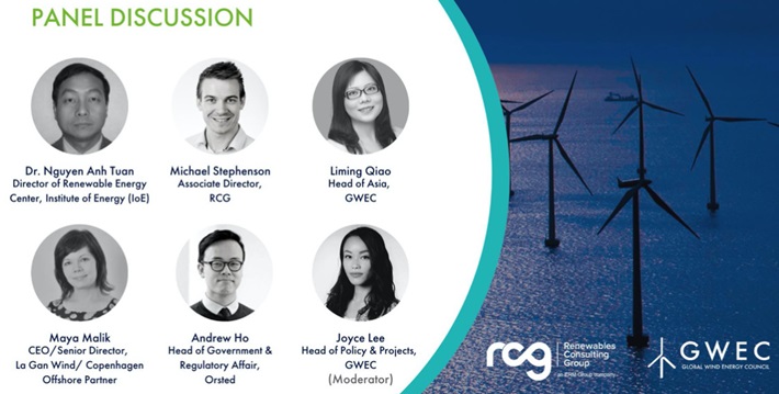 Các diễn giả tại trong phần thảo luận của hội thảo trực tuyến “Chuyển đổi sang đấu thầu điện gió ngoài khơi ở Việt Nam trong tương lai” do GWEC tổ chức.
