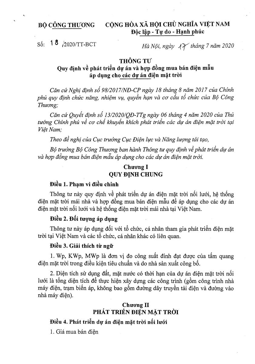 Thông tư  số 18/2020/TT-BCT ngày 17 tháng 7 năm 2020 quy định về phát triển dự án và hợp đồng mua bán điện